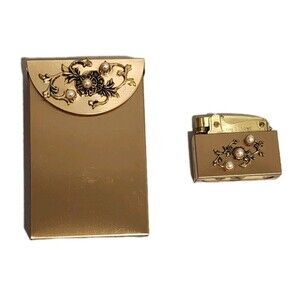 Vintage Goldtone Cigarette Case And Lighter With Pearl Detail New In Box